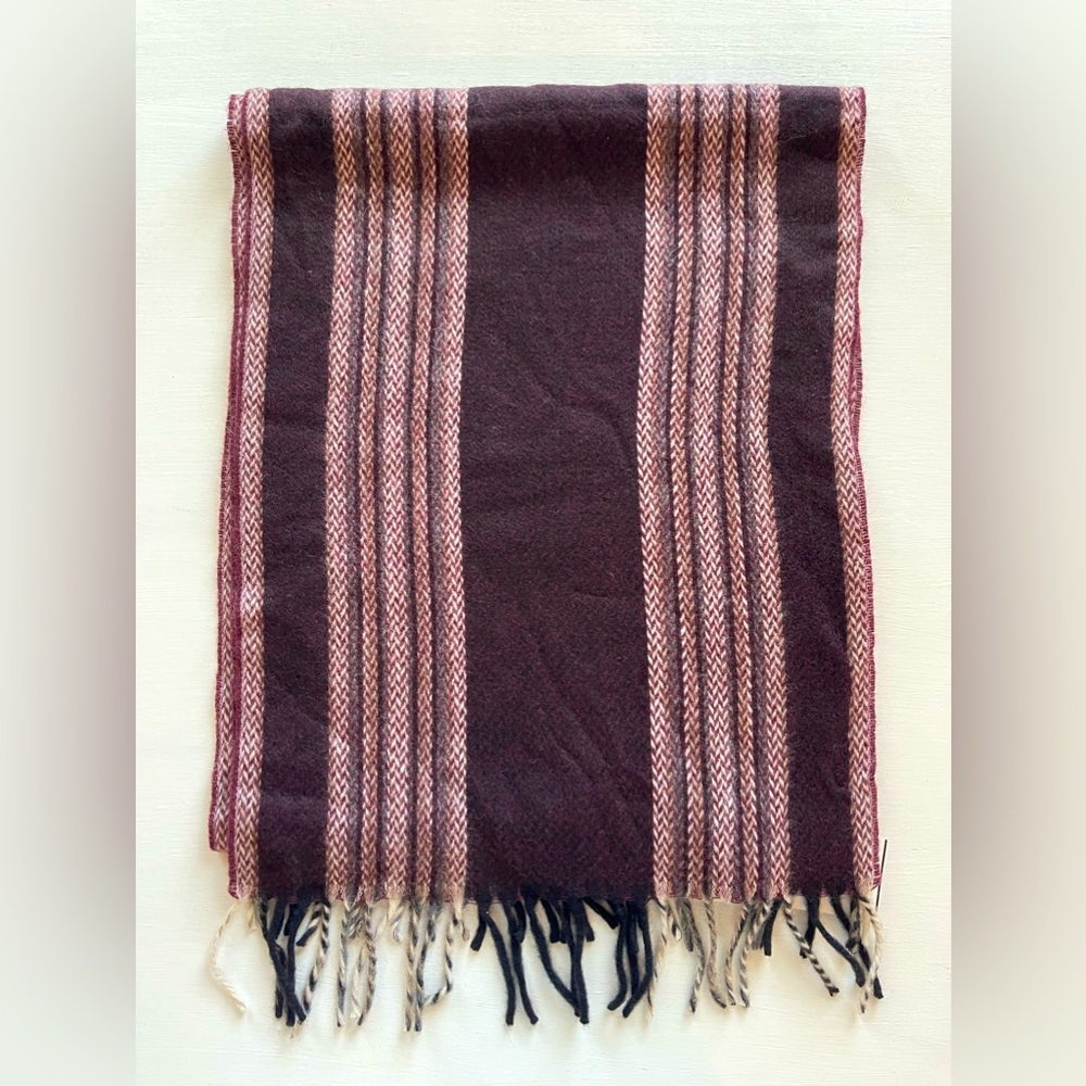NWT Chelsey by Joseph Germany Stripe Cashmere Scarf W/ Fringe Trim Burgundy $185